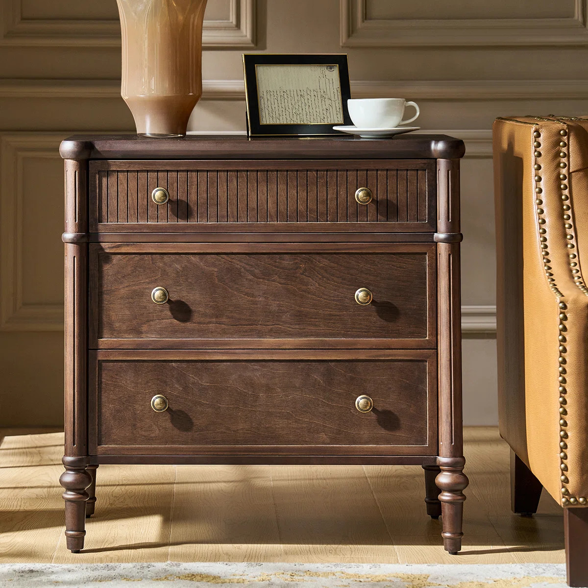 Kaybri 28" W 3-Drawer Fluted Solid Wood End Table with Power Outlets | Wayfair North America