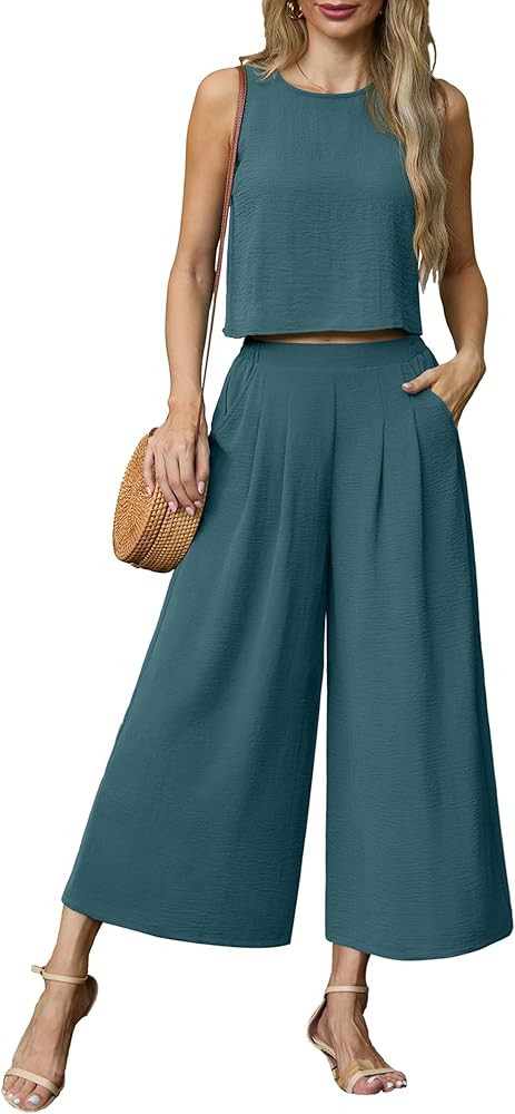 Lepunuo Womens Summer 2 Piece Outfits Sleeveless Crop Top Flowy Wide Leg Pants Matching Sets Vaca... | Amazon (US)