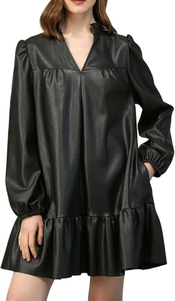 Women Faux Leather Mini Dress Mock V Neck Puff Lantern Long Sleeve Ruffle Tiered Casual Shift Sho... | Amazon (US)