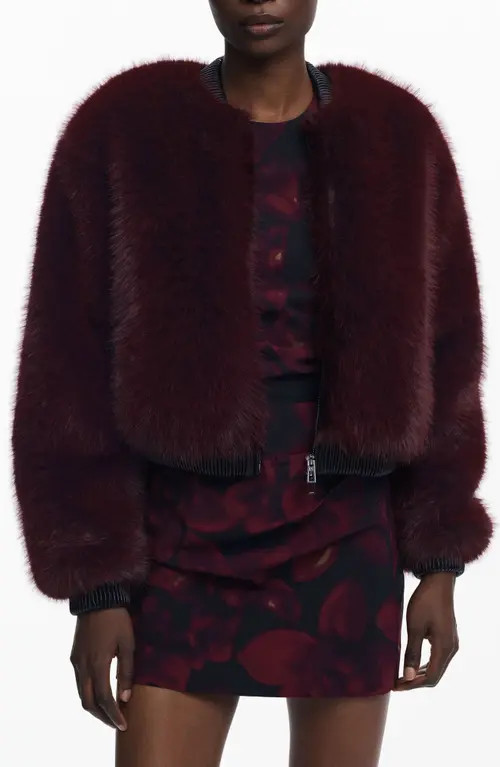 Desigual Faux Fur Bomber Jacket in Burgundy at Nordstrom, Size Small | Nordstrom