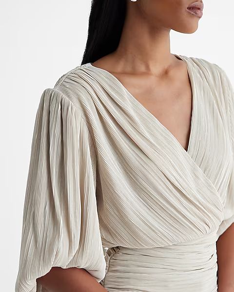Pleated Draped V-neck Puff Sleeve Faux Wrap Top | Express