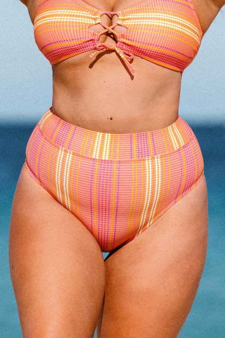 Mercury Stripe Banded High Waist Plus Size Bikini Bottom | Cupshe