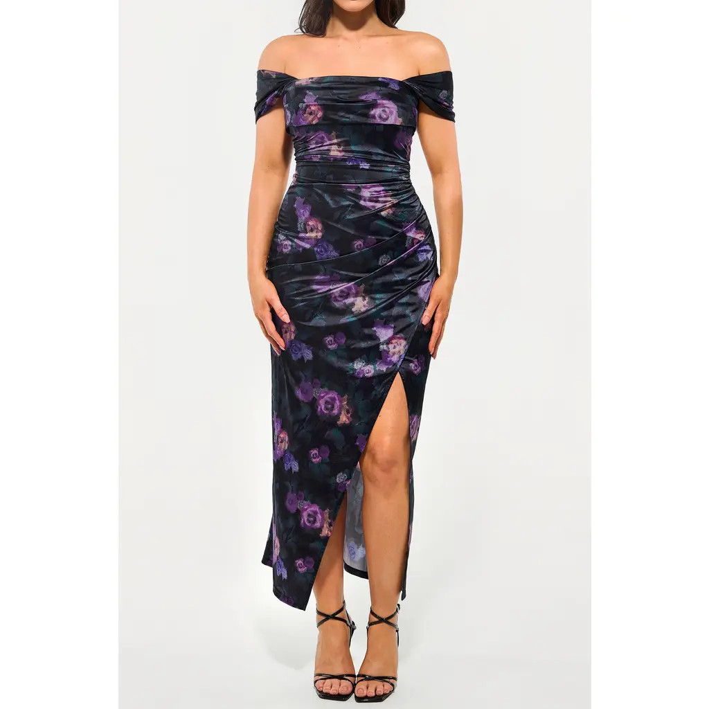 Popilush Liquid Metallic Fabric Off Shoulder Shine Ruched Sculpting Maxi Shapewear Dress in Flora at Nordstrom, Size X-Large | Nordstrom