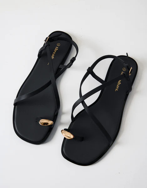 Threadbare Women's Black Back Strap Metal Detail Sandals | Threadbare