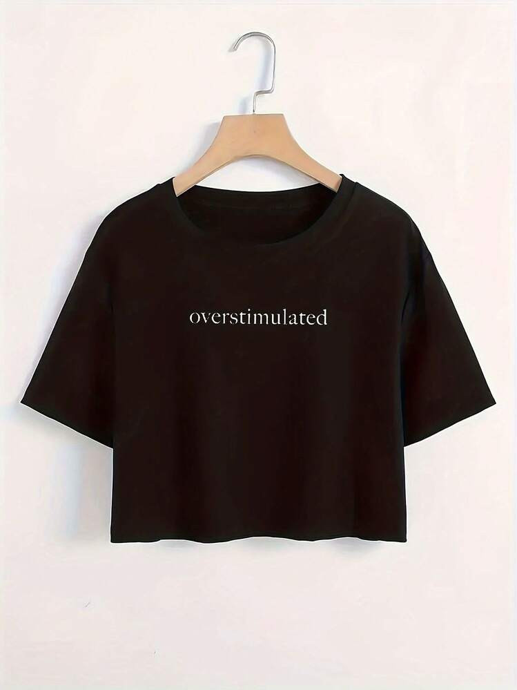 Women'S Y2K Style Cropped T-Shirt- Soft Breathable 100% Polyester, "Overstimulated" Text Print, Drop Shoulder Short Sleeves, Lightweight Casual Spring Summer Top, Ladies T Shirts | SHEIN