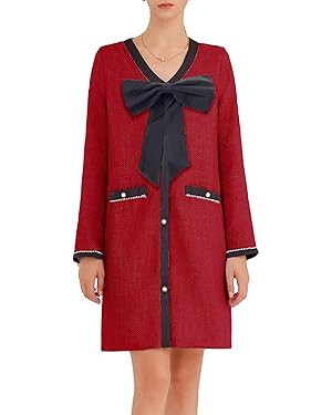 Women's Tweed Bow Mini Dress Long Sleeve V Neck Button Down Dress Elegant Business Work Dress | Amazon (US)