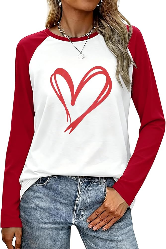 Valentines Shirts for Women Heart Shirt Valentines Day Raglan Tshirt Heart Graphic Tees Lover Cre... | Amazon (US)