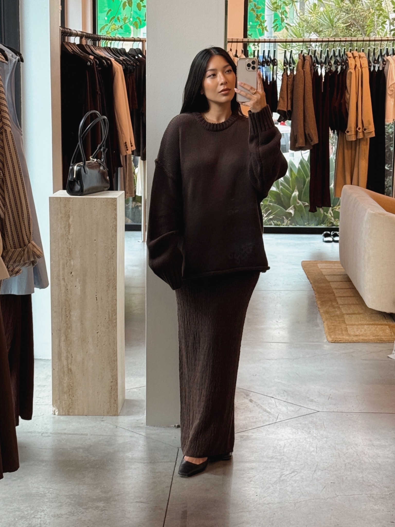 Dissh makes such good oversized sweaters and they do the rich chocolate color right. Went home with this sweater and skirt combo for effortless winter days in LA. 

#LTKStyleTip #LTKPetite #LTKootd