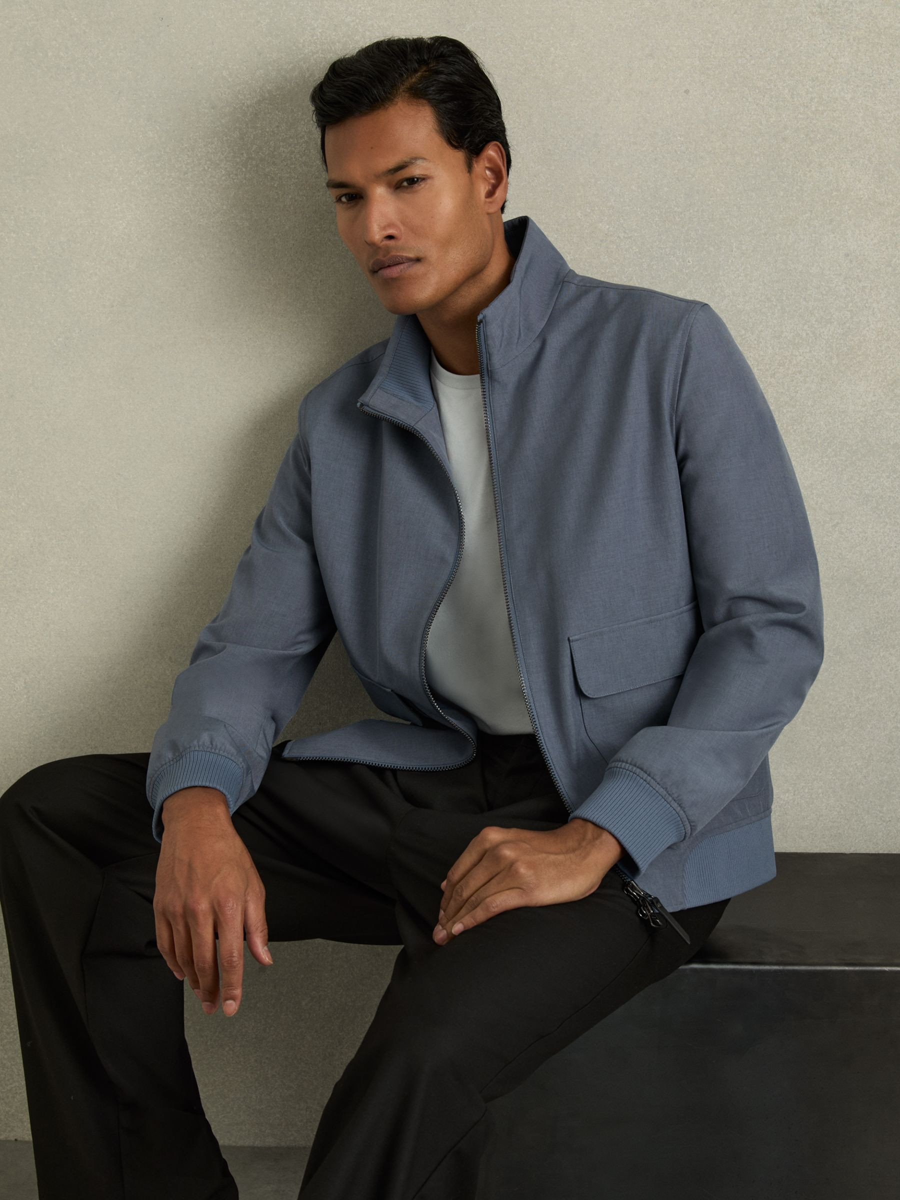 Reiss Zip-Through Funnel-Neck Jacket in Airforce Blue - REISS | Reiss UK