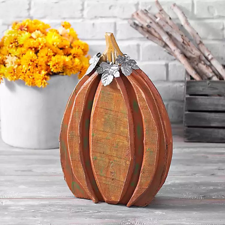 Wood Pumpkin with Galvanized Metal Leaves, 20 in. | Kirkland's Home