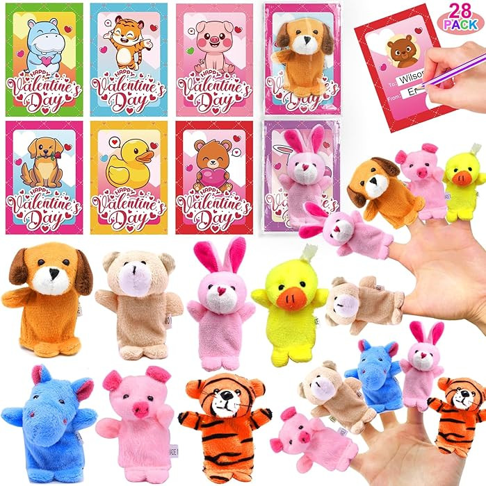 AMENON 28 Pack Valentines Day Gifts for Kids with Animal Finger Puppet Plush Toy (7 designs) Vale... | Amazon (US)