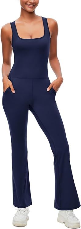 Sexyasasii Flare Jumpsuits for Women Square Neck Sleeveless Tank Top Wide Leg Full Bodysuit Worko... | Amazon (US)