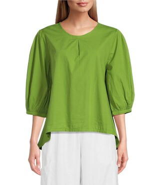 Lucinda Organic Cotton Poplin Crew Neck 3/4 Sleeve Hi-Low Hem Shirt | Dillard's