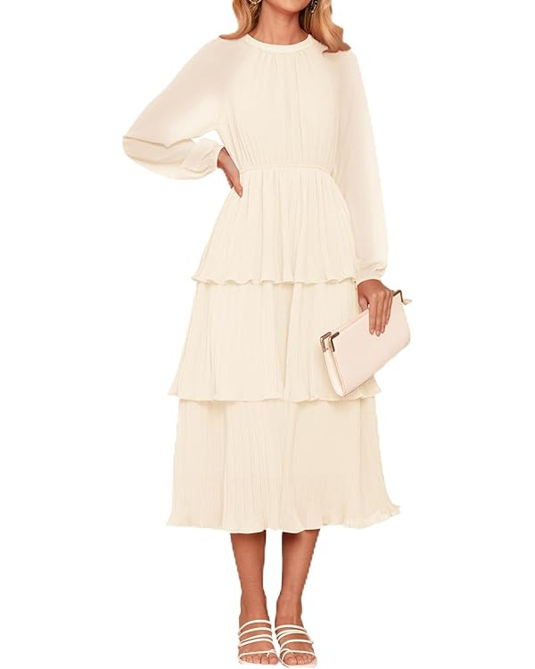 ZESICA Women's 2024 Long Sleeve Crew Neck Ruffle Tiered Layered Chiffon Flowy Swing Long Midi Dre... | Amazon (US)