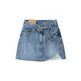 Crisscross Waist Ripped Denim Skirt in Dark Blue | Chicwish