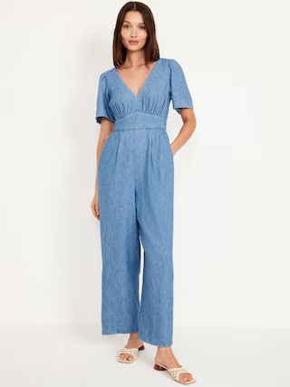 Waist-Defined Puff-Sleeve Jumpsuit | Old Navy (US)
