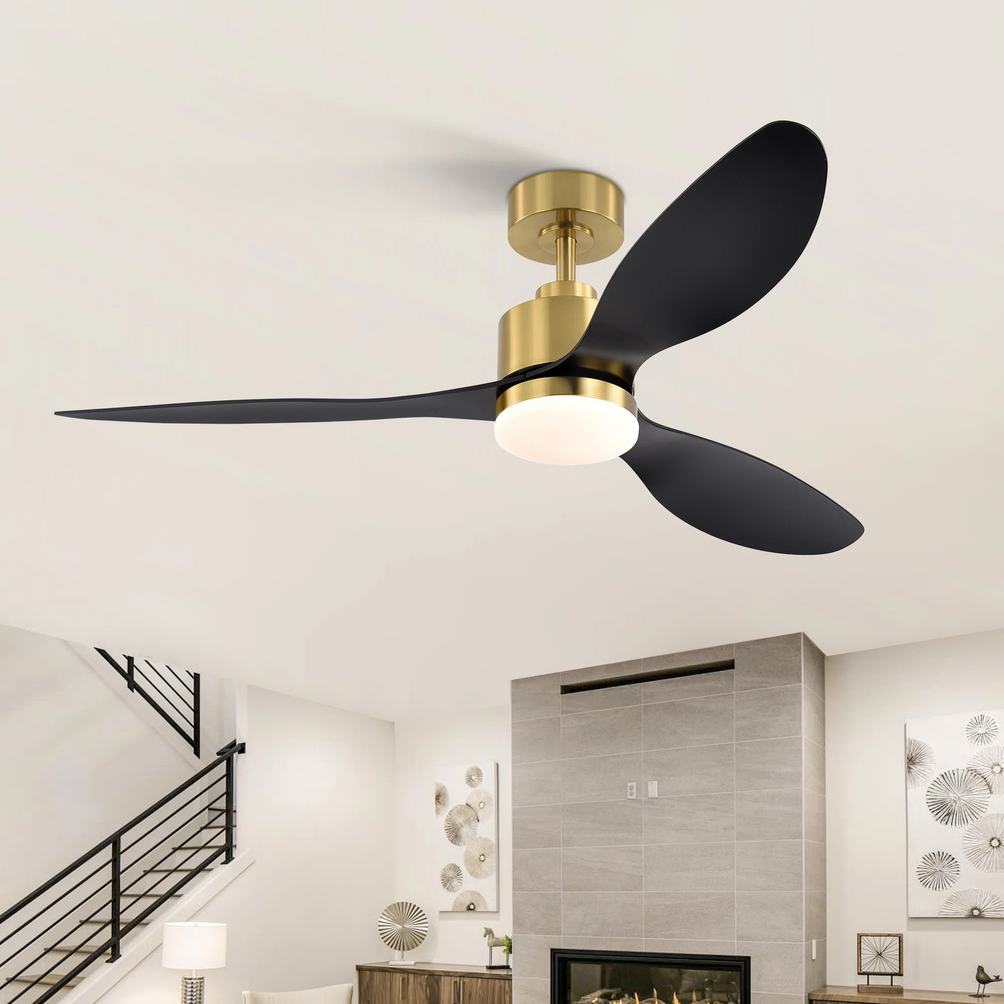 Loritta 52'' 3 - Blade Large Indooor Ceiling Fan With Light Kit and Remote, 3 LED Colors, 6 Speed... | Wayfair North America