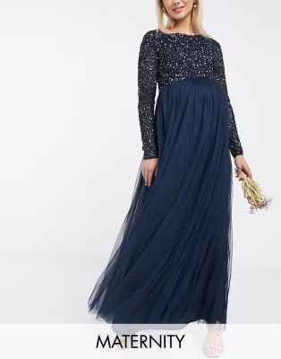 Maya Maternity Bridesmaid long sleeve maxi tulle dress with tonal delicate sequins in navy | ASOS (Global)