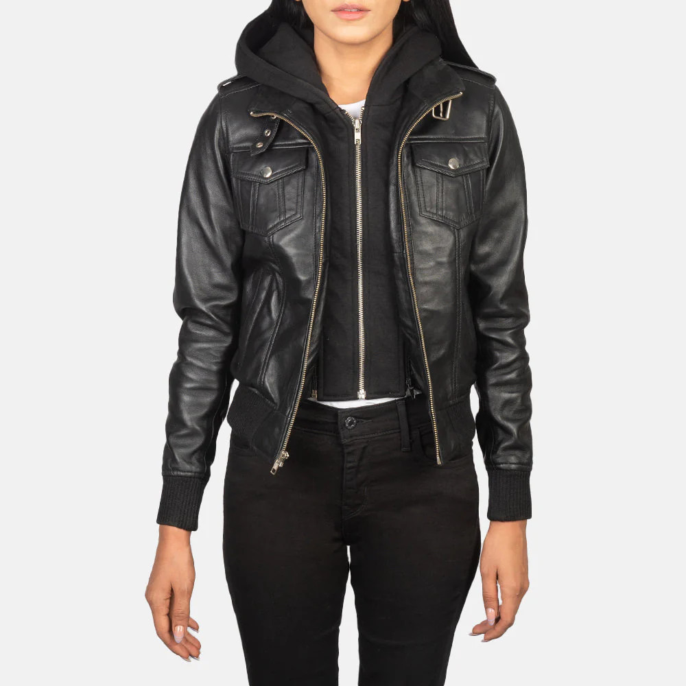 Women's Roslyn Black Hooded Leather Bomber Jacket | The Jacket Maker