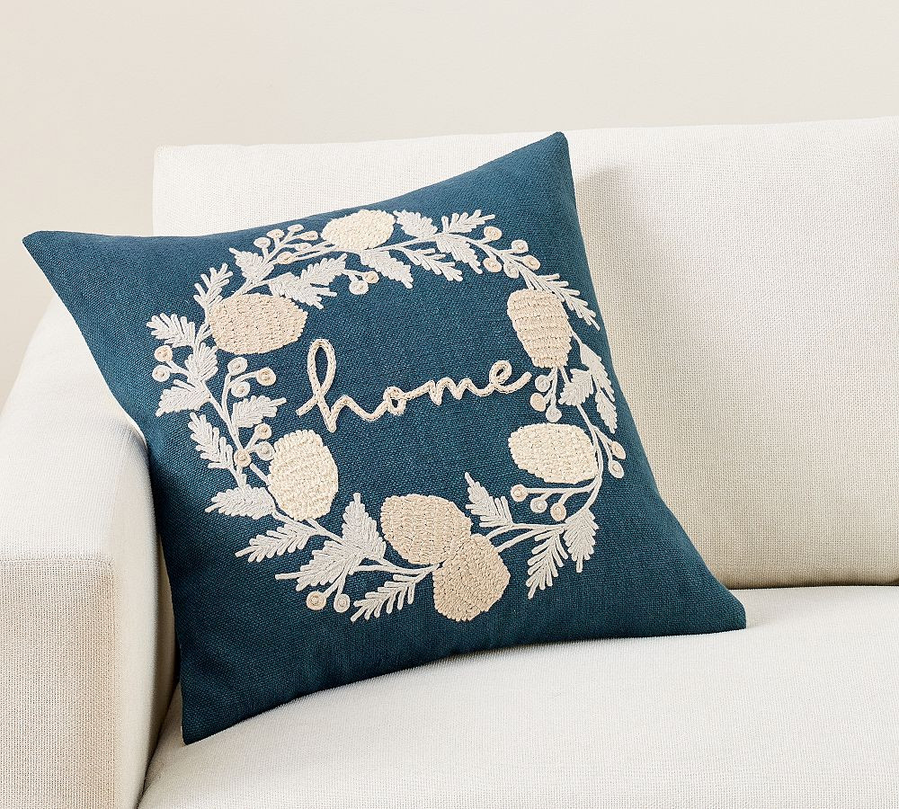 Home Wreath Embroidered Pillow | Pottery Barn (US)