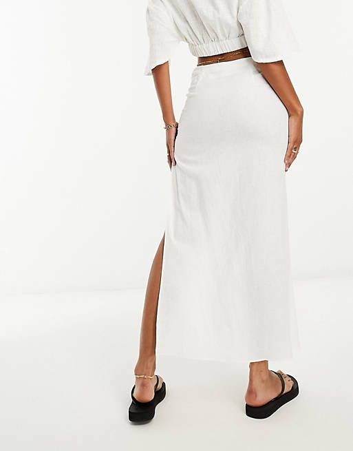 Bershka ruched split side linen midi skirt in white | ASOS (Global)