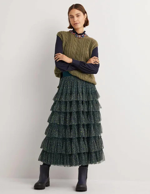 Green Ditsy Floral Tulle Midi Skirt | Boden (US)