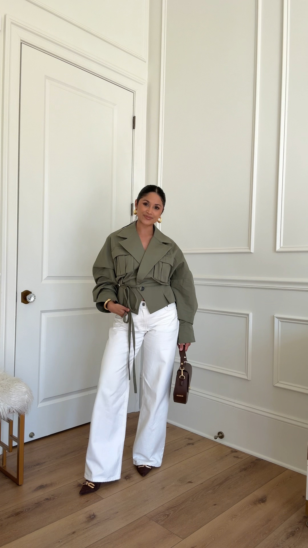 Obsessed with this trench wrap top and my low rise white jeans! Wearing the regular length in the jeans so I can wear with heels. 
Take extra 15% OFF of my jeans with code: DENIMAF 

Take 20% OFF my bag with code: HAUTE20

#LTKSaleAlert #LTKootd