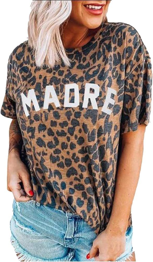 Womens Madre Leopard Print T-Shirts Short Sleeve Letter Printed Casual Round Neck Tees Tops | Amazon (US)