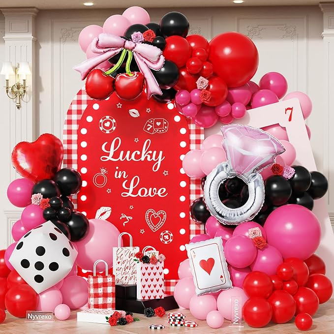 Lucky In Love Bachelorette Party Decorations, 146Pcs Red and Pink Vegas Bachelorette Party Balloo... | Amazon (US)