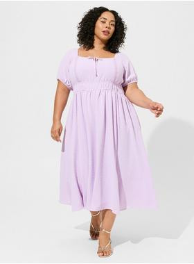 Tea Length Swiss Dot Tie Front Trim A-Line Dress | Torrid (US & Canada)