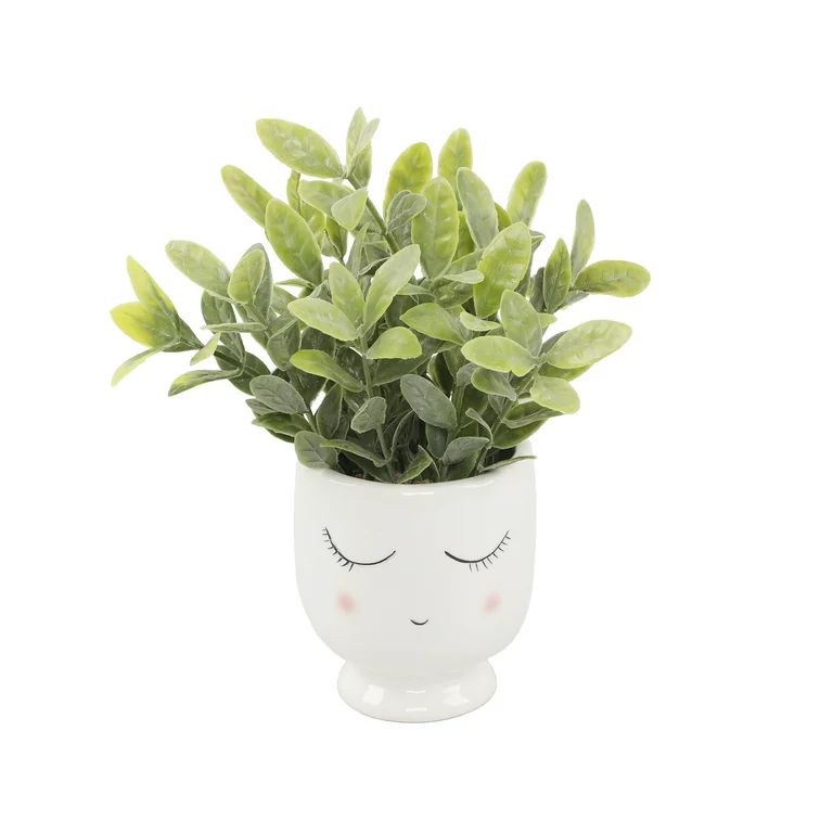 Mainstays 3" Tabletop Artificial Faux Tea Leaf Plant in Ceramic Shy Girl Pot, White | Walmart (US)
