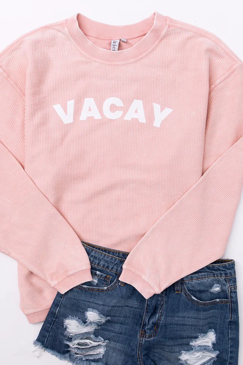 Vacay Block Pink Corded Graphic Sweatshirt | The Pink Lily Boutique
