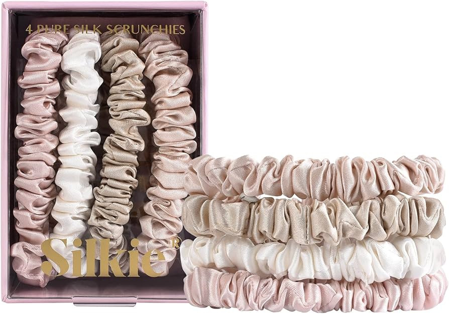 SILKIE x4 Set 100% Pure Mulberry Silk Pink Nude Neutral Skinny Scrunchies Travel Pouch Everyday H... | Amazon (US)