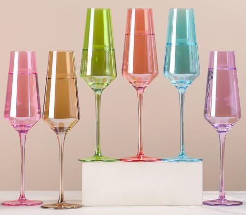 Physkoa Colored Champagne Flutes Glasses Set 6 - Tapered Champagne Flutes with Multi Color,LeadFr... | Amazon (US)