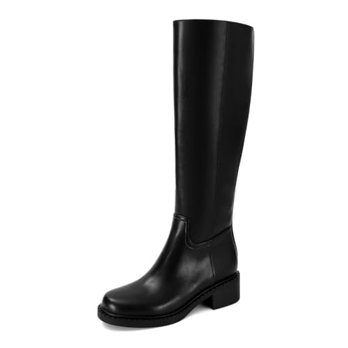 Dsevht Black Leather Knee High Boots for Women Low Chunky Heel Round Toe Side Zipper Fall Tall Long Going Out Riding Boot | Amazon (US)