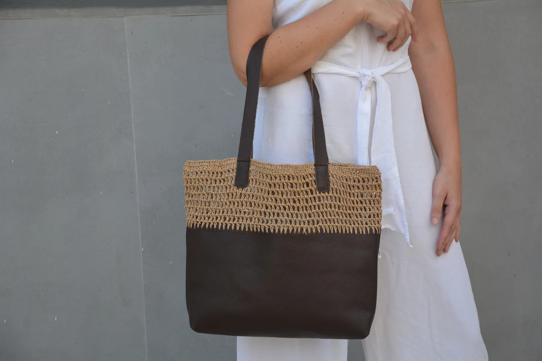 Summer Tote Bag: Genuine Leather and Raffia Large Shoulder Bag for Beach Days and Holiday Shoppin... | Etsy (US)
