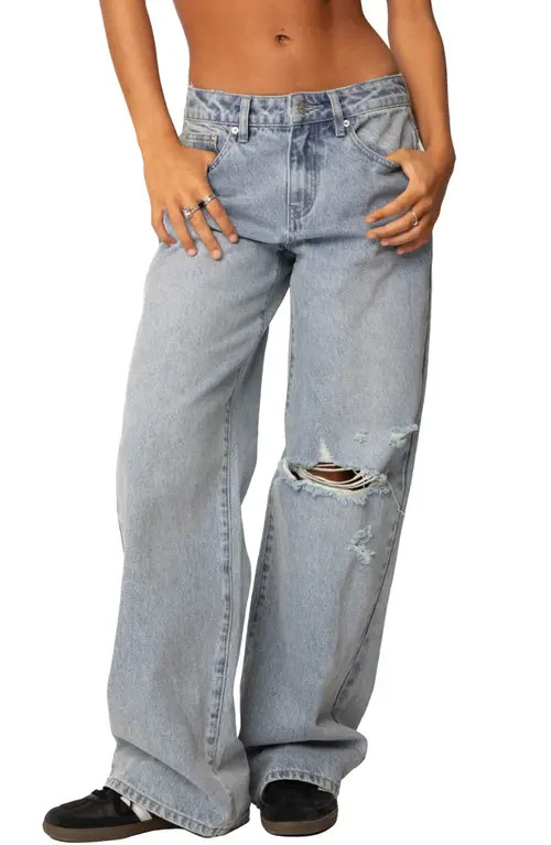 EDIKTED Adam Distressed Ripped Nonstretch Wide Leg Jeans in Light-Blue at Nordstrom, Size X-Small | Nordstrom