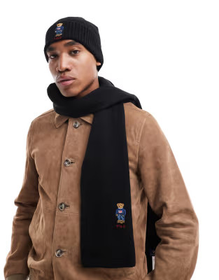 Polo Ralph Lauren wool knit scarf and hat gift set with bear logo in black | ASOS (Global)