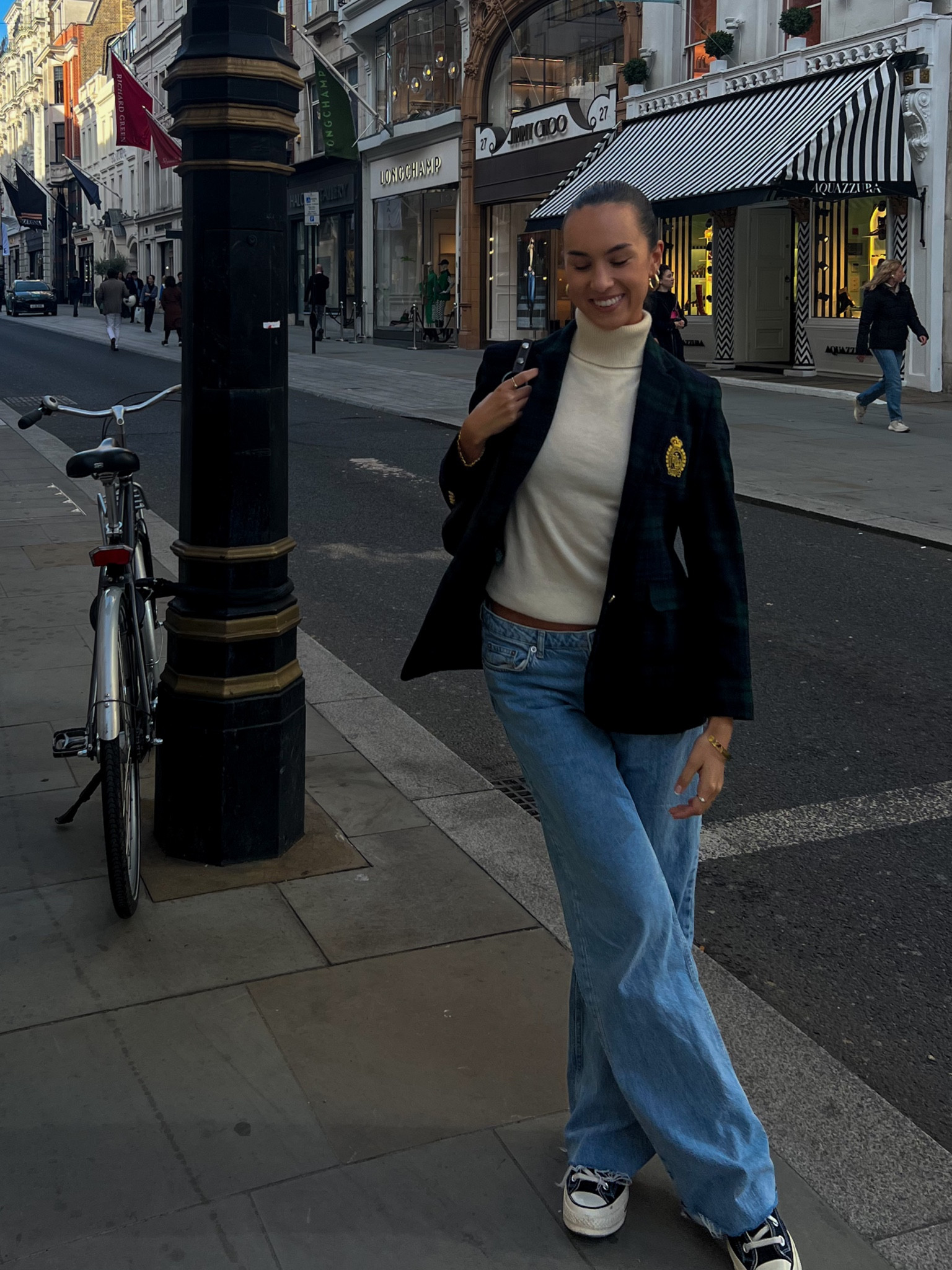 🐎 Vintage Ralph Lauren blue and black and green tartan petite wool blazer jacket + white cashmere turtle neck sleeveless top + NA-KD low rise blue leg straight jeans + black and white vintage style converse 

#LTKeurope