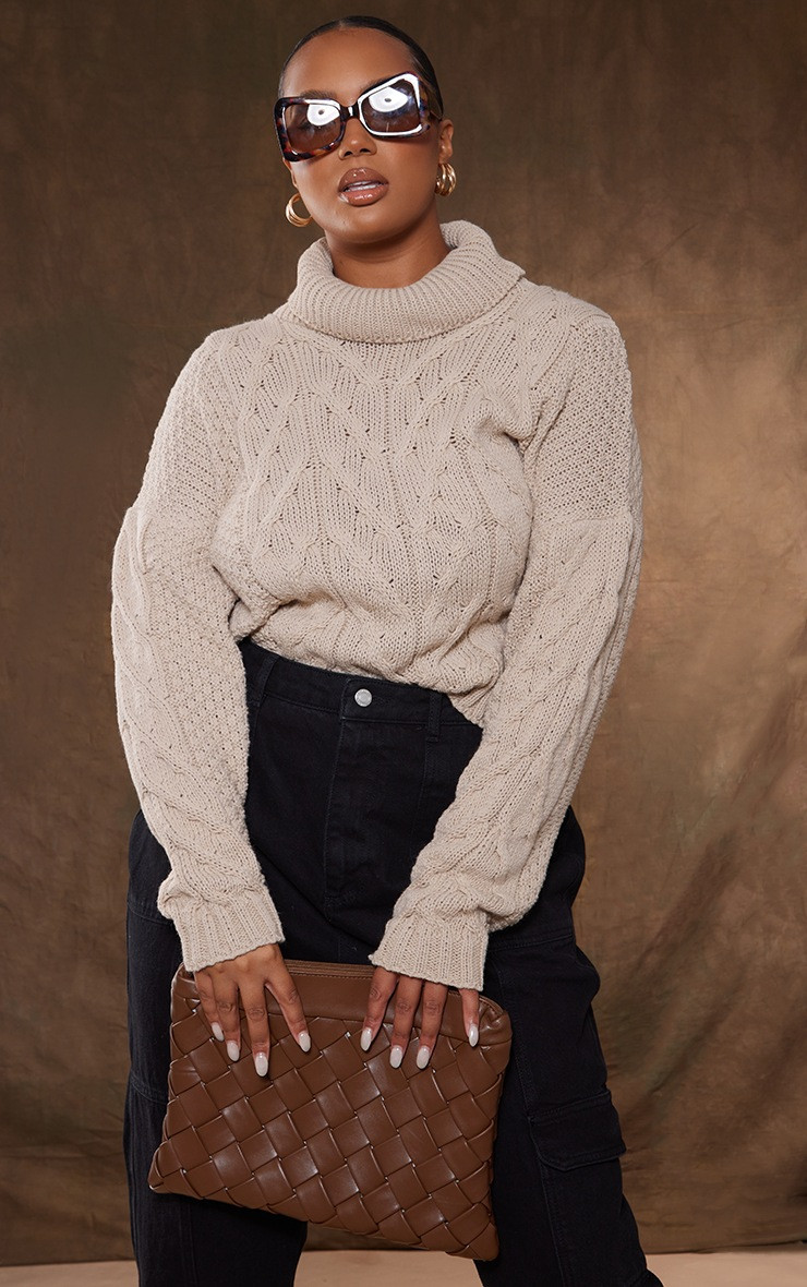 Plus Beige Cable Knitted Roll Neck Sweater | PrettyLittleThing US