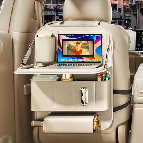 GMQ Backseat Car Organizer with Tray 1 Pack,Car Backseat Organizer with Foldable Table for Kids,Multifunctional Seat Back Organizer with Storage Pockets Car Storage Organizer (Beige) | Amazon (US)