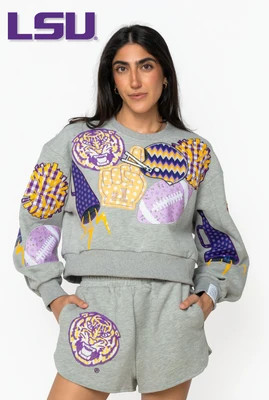 Licensed LSU Grey Patchwork Icon Sweatshirt | Queen of Sparkles