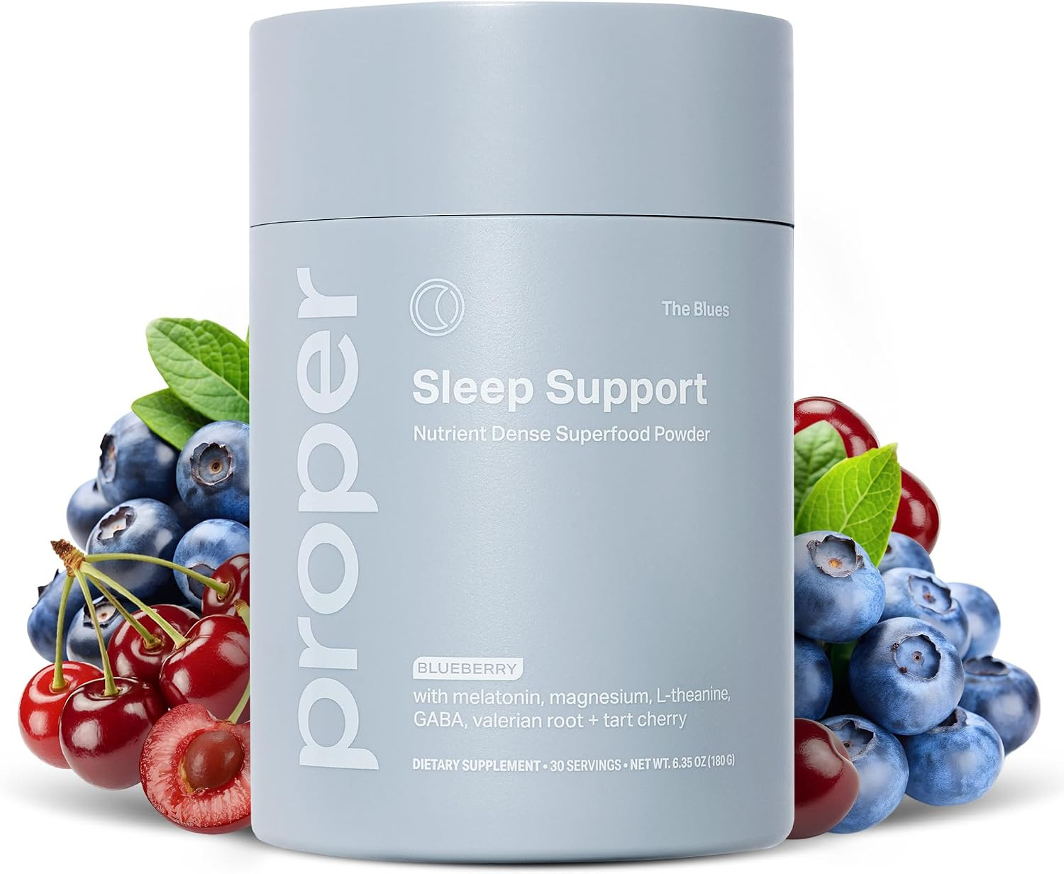 Proper, The Blues Sleep Aid – Nutrient-Dense Superfood Powder with + Melatonin, Magnesium, L-Theanine, GABA, Valerian Root & Tart Cherry – Calm Supplement for Nighttime Relaxation & Sleeping | Amazon (US)