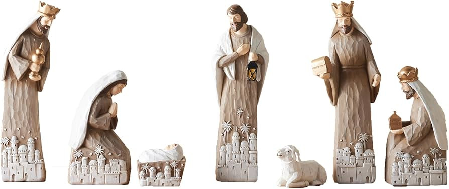 O Night Divine Nativity 7 Piece Set - Holy Family, Wise Men, Lamb - Intricate Wood-Carved Design ... | Amazon (US)