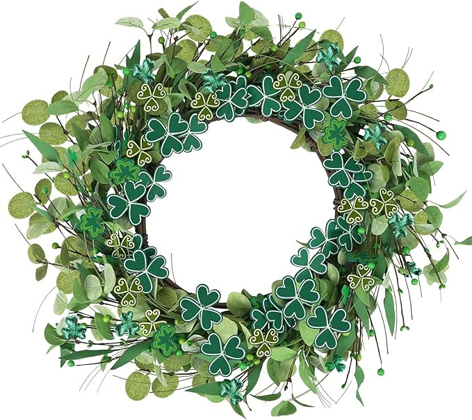 St. Patrick's Day Shamrock Wreath, Irish Festival Wreaths Green Wreaths Four-Leaf Clover Green Be... | Amazon (US)