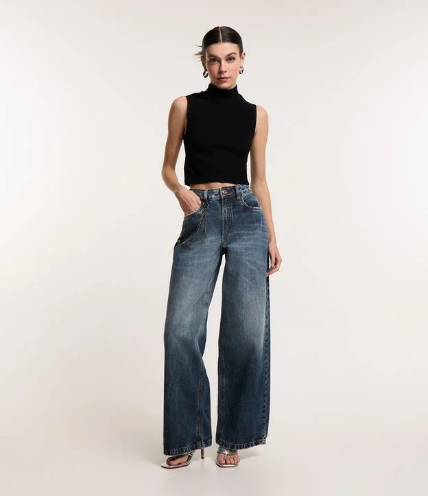Calça Wide Leg Cintura Alta em Jeans com Corrente Azul | Renner (BR)
