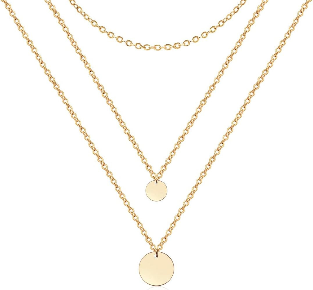 Ava Riley Layered Necklace Dainty Disc Chokers Necklace 14K Real Gold Plated Chain for Women | Amazon (US)