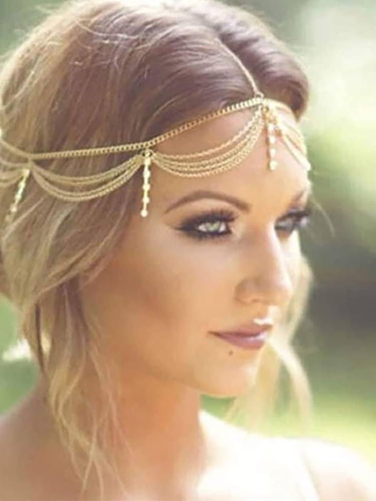 Catery Gold Hair Chain Jewelry Bride Wdedding Headbands Tassels Boho Headpiece Head Chain Rhinest... | Amazon (US)