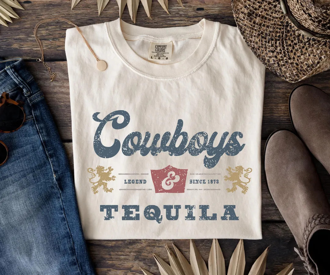Cowboys and Tequila, Western Graphic Tee, Vintage Cowboy Shirt, Barbecue Party Wear, Fun Cowboy A... | Etsy (US)