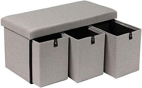 PINPLUS Folding Storage Ottoman with 3 Drawers,Linen Shoes Bench Footrest Seat Toy Chest Box,Grey... | Amazon (US)